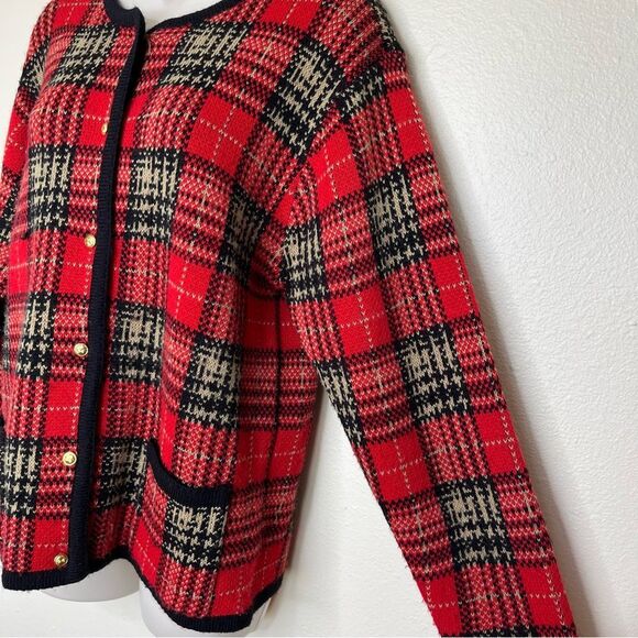 Crystal Kobe Red Plaid Cardigan Sweater Gold Button Front Pockets Women Small - Picture 4 of 10